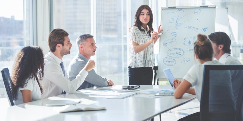 Lady speaking to a group of colleagues in front of a drawing board