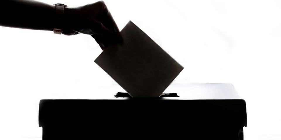 Person places ballot in voting box.